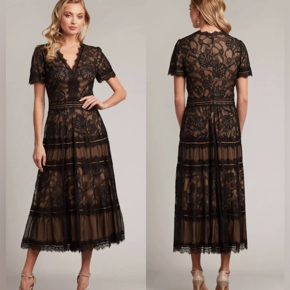 Tadashi Shoji Dresses & Skirts - NWOT Tadashi Shoji Lace & Mesh black & nude Midi Cocktail Dress sz 6
